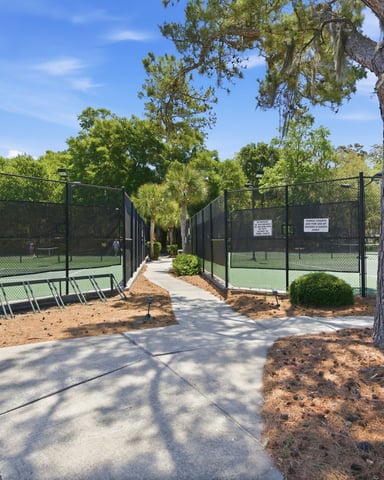 Entrance to tennis courts with black fencing, palm trees, and landscaping under blue sky