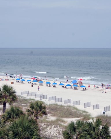 Crowded sandy beach with blue umbrellas, palm trees, dune fencing, and ocean with small boat in distance